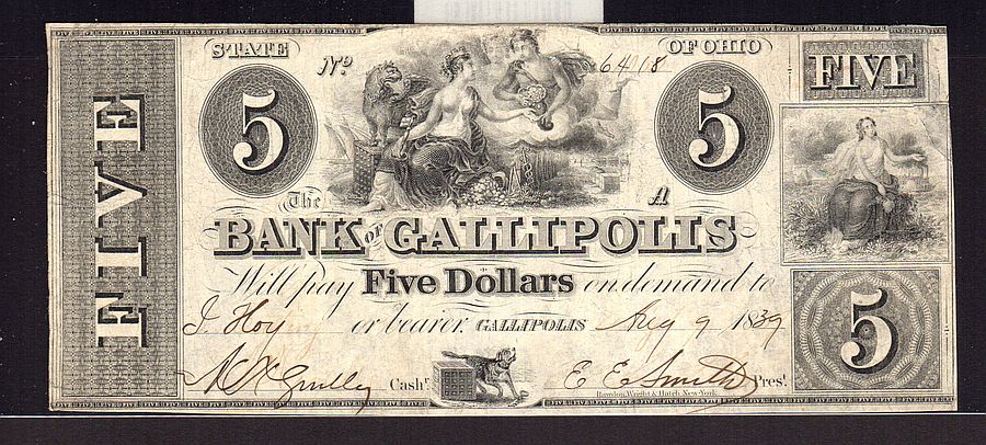 Gallipolis, OH 1839 $5, The Bank of Gallipolis